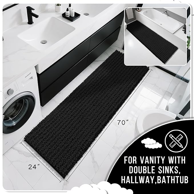 Yimobra Bathroom Runner Rug 70x24 Inch - Extra Long Non Slip Chenille Bath Mat, Soft & Absorbent, Machine Washable Shaggy Hallway Carpet for Vanity Tub Shower, Black Home Decor Accessories