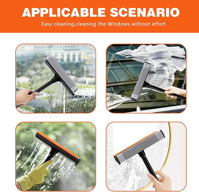 2 in1 Window Squeegee for Car, Window Cleaner with 16inch Long Handle,Sponge Car Window Squeegee for Gas Station, Glass,Shower,Outdoor High Window Cleaning