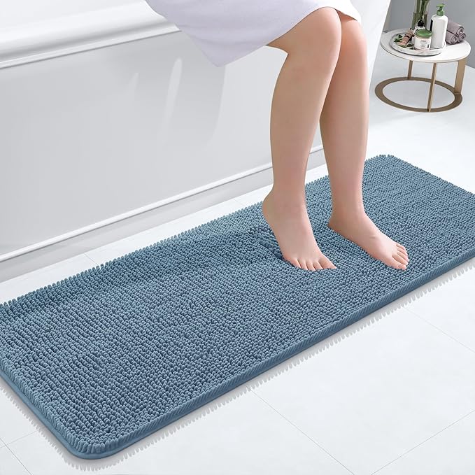 OLANLY Bathroom Rugs 47x17, Extra Soft Absorbent Chenille Bath Rugs, Rubber Backing Quick Dry, Machine Washable Bath Mats for Bathroom Floor, Tub and Shower, Home Decor Accessories, Airy Blue