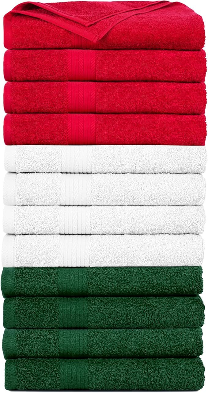 Ample Decor Hand Towels Set of 12 for Bathroom 100% Cotton 18 X 28 Inch 600 GSM Quick Drying - Christmas White, Red & Green