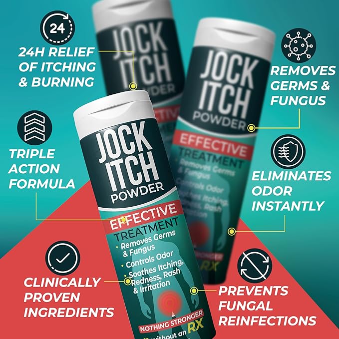 Jock Itch Powder with Miconazole Nitrate 2% & Tea Tree Oil for Itch, Odor & Rash Relief | Jock Itch Treatment Removes Germs & Fungus | Soothes Burning Skin & Reinfection | Pack of 3