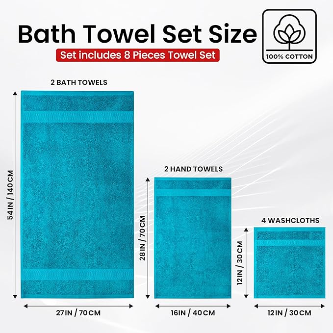 Infinitee Xclusives Luxury 100% Cotton Towel Set – 8 Piece Bathroom Towel Set (2 Bath Towels, 2 Hand Towels, 4 Washcloths) – Soft & Absorbent Towels for Bathroom (Serene Teal)