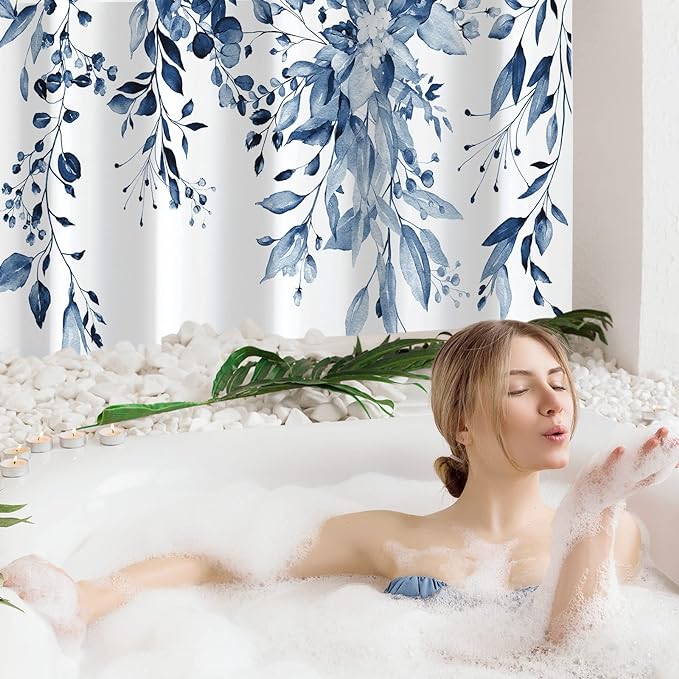 Gibelle Small Stall Shower Curtain 36 x 72, Narrow Navy Blue Floral Shower Curtain for Bathroom, Watercolor Plant Eucalyptus Leaves Fabric Shower Curtain Set
