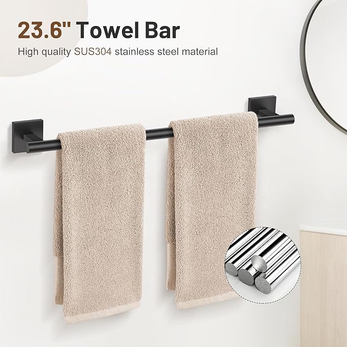 5 Pieces Bathroom Hardware Set Matte Black Towel Bar Set Includes 23.6” Towel Bar, Towel Ring Holder, Toilet Paper Holder and Two Towel Hooks, Bathroom Accessories Set SUS304 Wall Mounted