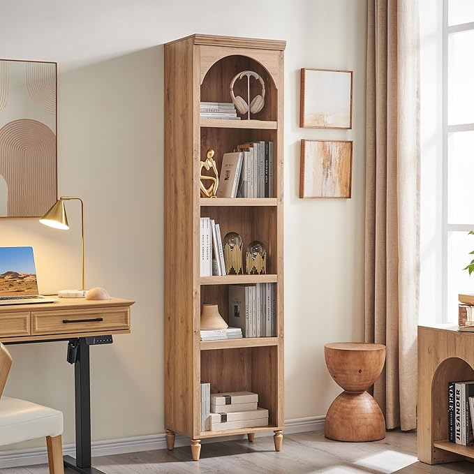 76" Tall Arched Bathroom Storage Cabinet, 5 Tiers Narrow Farmhouse Arched Cabinet w/Adjustable Shelves, Modern Wooden Storage Cabinet for Bathroom, Living Room, Entryway, Study Room (Natural)