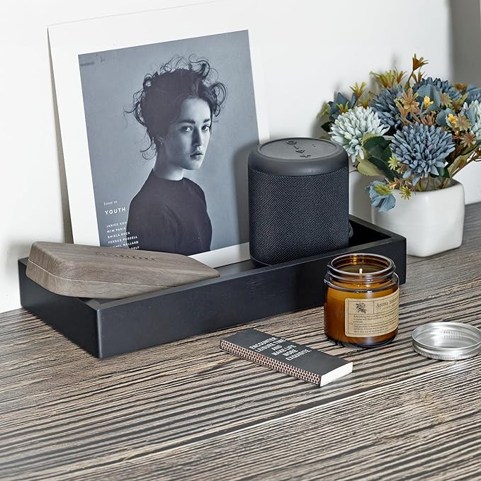 Demigo Acacia Valet Tray, 12.2 x 6 in Men and Women Wooden Catch All Tray for Entryway Table, Bedside Nightstand Organizer, Home Office, Tabletop Storage Vanity for Wallet, Jewelry, Perfume (Black)