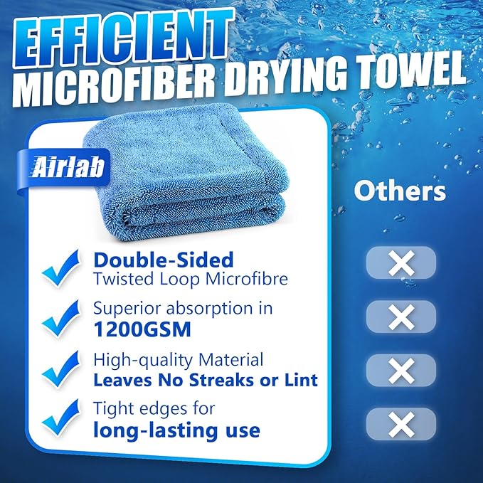 Airlab Car Drying Towel Microfiber Towels for Cars 1200 GSM Wash Auto Detailing Supplies Twist Pile Cleaning Cloth Absorbent Quick Dry Soft Loop Dry Flash Towel, 24 x 16 Inch,Pack of 1, Blue