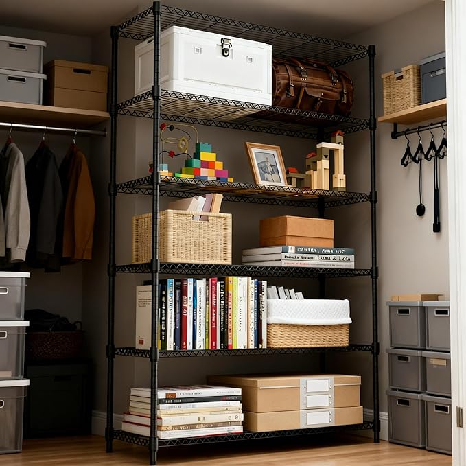 6 Tiers Shelf 2100 lbs Steel Storage Shelving Utility Shelving Unit Steel Organizer Wire Rack for Home,Kitchen,Office,Garage Black 17.7" D x 47.2" W x 82.4" H