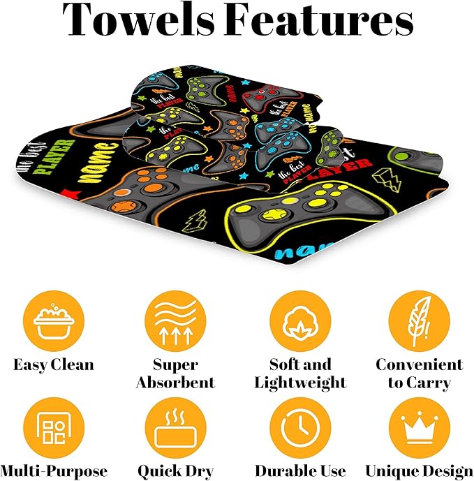 Custom Name Gaming 3 Piece Towel Bathroom Sets, 1 Bath Towel, 1 Washcloth, 1 Hand Towel, Cotton Fast Dry Soft Absorbent Towel Set for Home Kitchen Family