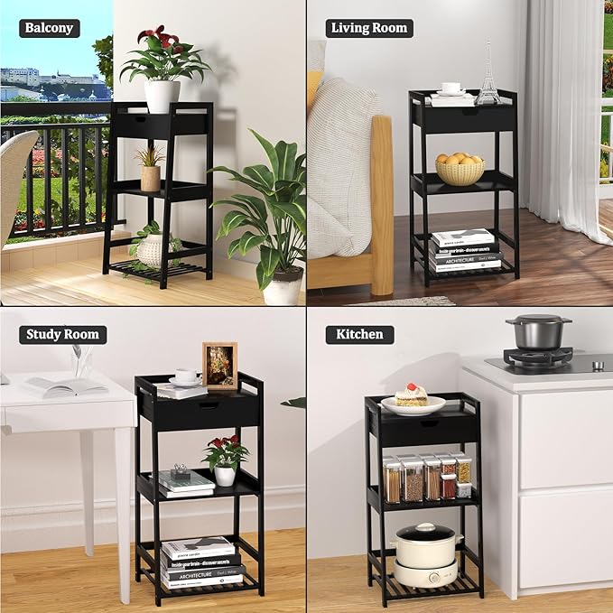3 Tier Bamboo Bathroom Shelves with Drawer, Ladder Shelf for Bathroom Storage, Space-Saving Design, Stylish Display Nightstand, Stylish Storage Solution for Home, Living Room, Kitchen, Office