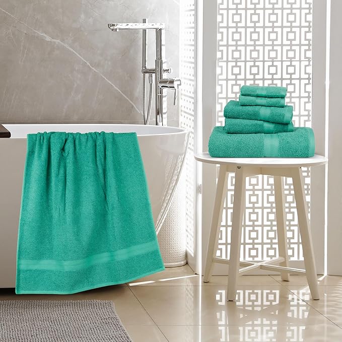 Amazon Basics 6 Piece Oversized Fade resistant Towel set, 100% Cotton towels for bathroom, soft and absorbent, 2 Bath Towels, 2 Hand Towels and 2 Washcloths bathroom towel set, Teal