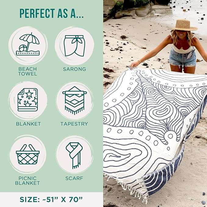 Sand Cloud Large Turkish Beach Towel - Sand Free - 100% Organic Turkish Cotton Yarn - Quick Dry Towel for Beach, Picnic, Blanket or Bath - As Seen on Shark Tank - Marine Life (Devil Ray)