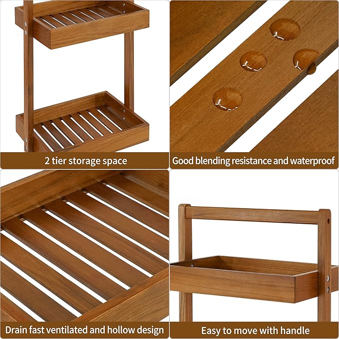 Utoplike Teak Wood Shower Caddy Corner, 2 Tier Bathroom Organizer Countertop, Standing Shower Rack with Handle, Stand Up Shower Basket for Shampoo, Shelf Rack for Inside Shower, Kitchen Desktop