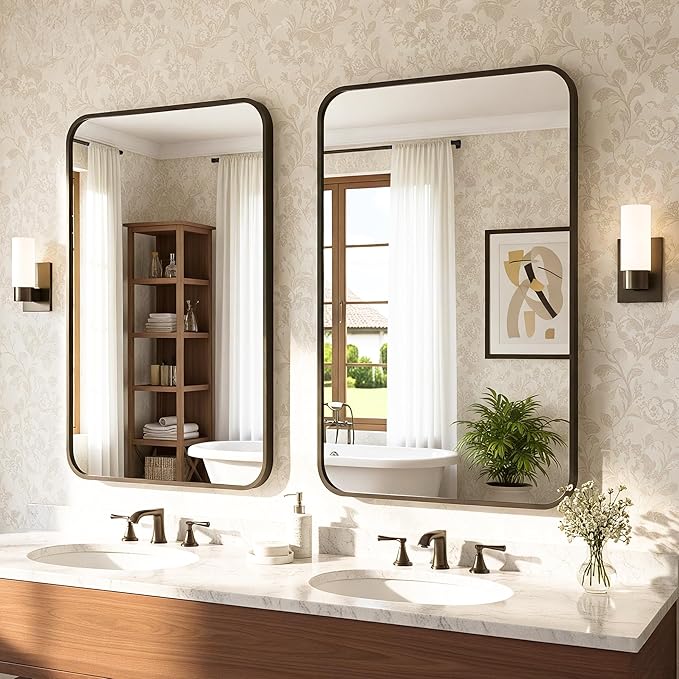 Antok 2-Pack Bathroom Mirrors, 22"x30" Double Wall Mirrors, Decorative Mirror Vanity Mirror Aluminum Alloy Frame Contemporary Hanging for Living Room Bathroom Entryway, Black