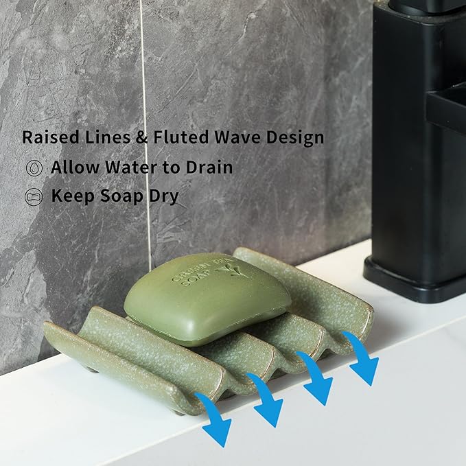 Draining Ceramic Soap Dish - Fluted Design, Bar Soap Holder for Shower & Bathroom, Soap Saver Sponge Lift, Green