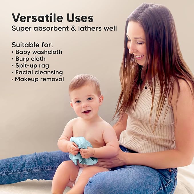 6-Pack Baby Washcloths - Soft Absorbent Viscose from Bamboo Wash Cloths for Babies, Kids, Toddlers, Infant, Newborn Bath Towels, Gentle on Sensitive Skin, 10x10 Reusable Face Towels (Aegean Blue)