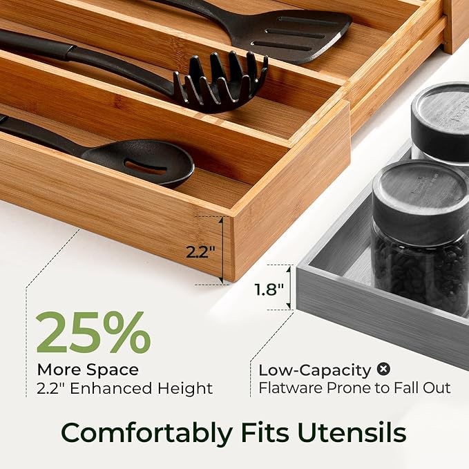 Carbonized Bamboo Kitchen Drawer Organizer, 5 Slots Expandable Silverware Organizer, Utensil Holder & Cutlery Tray, 2.2" Deep for Extra Capacity, Non-Slip Feet Included