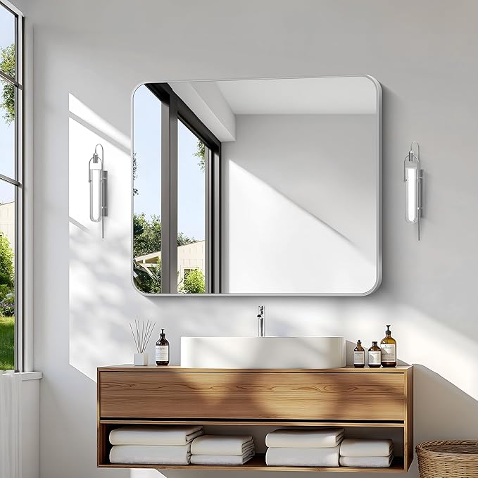 BONEWEI Silver Bathroom Mirror,30x36 inch Wall Mirror for Bathroom Wall Mounted,Rectangle Mirror for Bathroom Over Sink,Modern Frame Round Corner for Living Room,Bedroom Entryway,Horizontal/Vertical