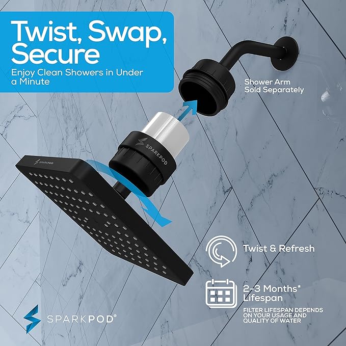 SparkPod Luxury Filtered Shower Head Set 23 Stage Shower Filter - Reduces Chlorine and Heavy Metals - High Pressure Showerhead Filter (8" Square, Midnight Black Matte)