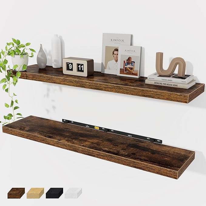 Floating Shelves Wall Shelf 48 Inch, 9.3 Inch Deep Floating Shelf, Farmhouse Black Wood Shelves Invisible Bracket for Living Room, Bedroom, Kitchen, 48 x 9.3 x 1.4 Inch, Set of 2, Rustic Brown