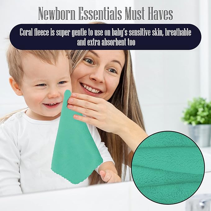 16 Pack Baby Washcloths - 10x10 Inch, Coral Fleece - Extra Absorbent and Soft Wash Clothes for Newborns, Infants and Toddlers - Suitable for Sensitive Skin and New Born - Baby Shower - Aqua Green