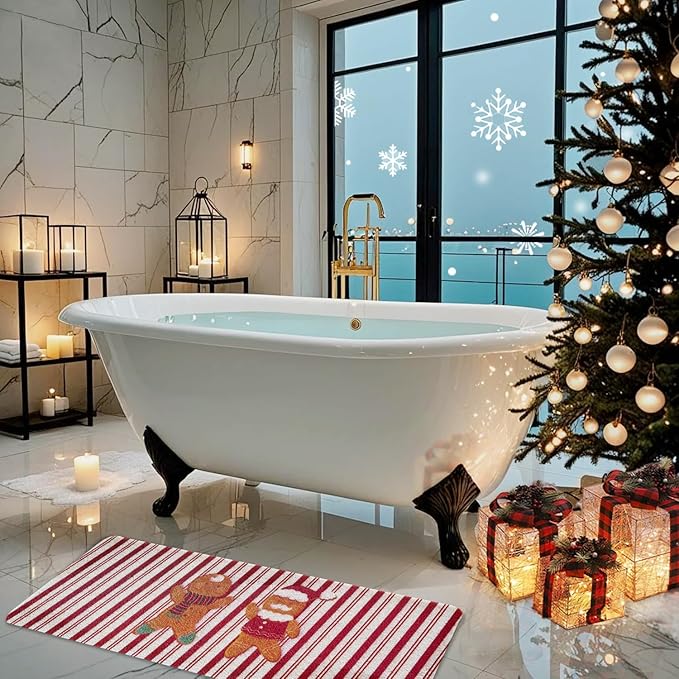 Christmas Non-Slip Bathtub Mat, Anti Slip Shower Mat, Fast Drying Bathtub Mats, Foot Scrubber Mat for Tub, Floor, Bathroom, Kitchen, Home, Hotel (Gingerbread Santa, 40"x16")