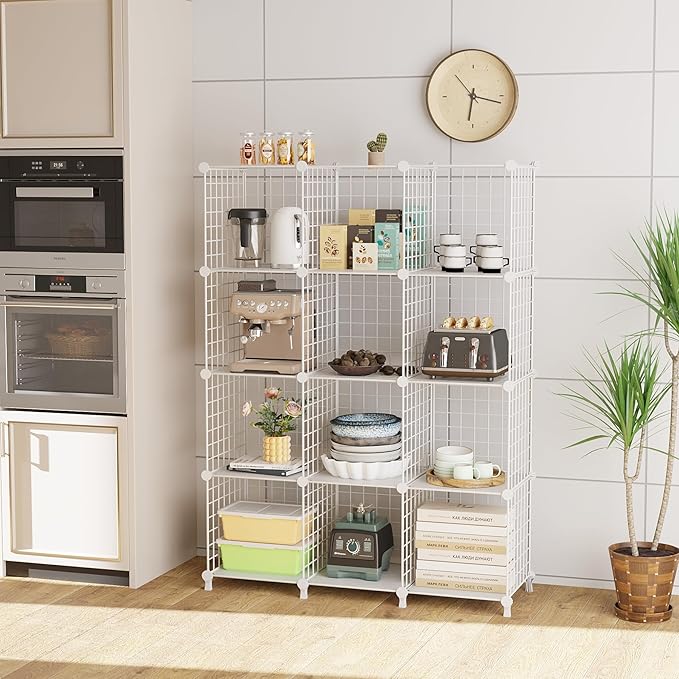 12-Cube Storage Organizer, Metal Wire Cube Shelving Unit, 11.8" L x 11.8" W x 11.8" H, Modular Grid Bookshelf for Closet, Bedroom, Office, White ATTJL12W
