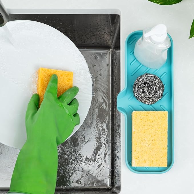 Zulay Kitchen Large Silicone Sponge Holder (12x4) – Flexible Sink Organizer Tray for Kitchen & Bathroom – Multipurpose Soap Dish for Sponges, Makeup, Trinkets & More (Aqua Sky)
