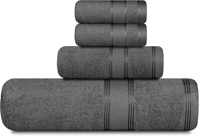 Casa Lino 100% Cotton Bath Towels Set of 4 (1 Bath Towel, 1 Hand Towel & 2 Wash Cloths) - Bathroom Towels and Washcloths Set - Complete Bathroom Set - Guest Room Essentials - (Charcoal Black)
