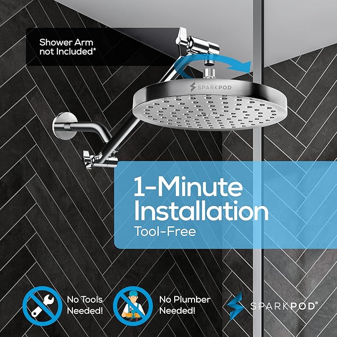 SparkPod Shower Head - High Pressure Rain - Premium Quality Luxury Design - 1-Min Install - Easy Clean Adjustable Replacement for Your Bathroom Shower Heads (Luxury Polished Chrome, 8 Inch Round)