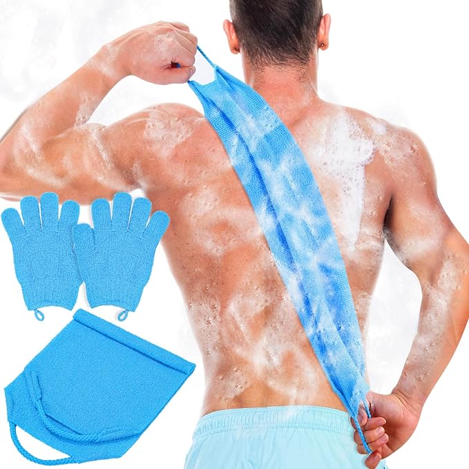 Anezus Exfoliating Back Scrubber Bath Gloves Set, Exfoliating Shower Towel with Shower Gloves for Body Scrub, Back Cleaner Wash Gloves to Remove Dead Skin (Blue)