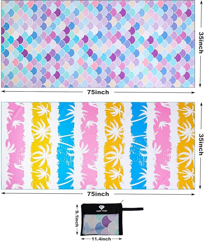 2 Pack Microfiber Beach Towel, Oversized Pool Towel 75”x 35”, Sand-Free Beach Towel, Quick Drying Camping Towel, Super Absorbent Bath Towel Blanket, Soft Breathable and Lightweight