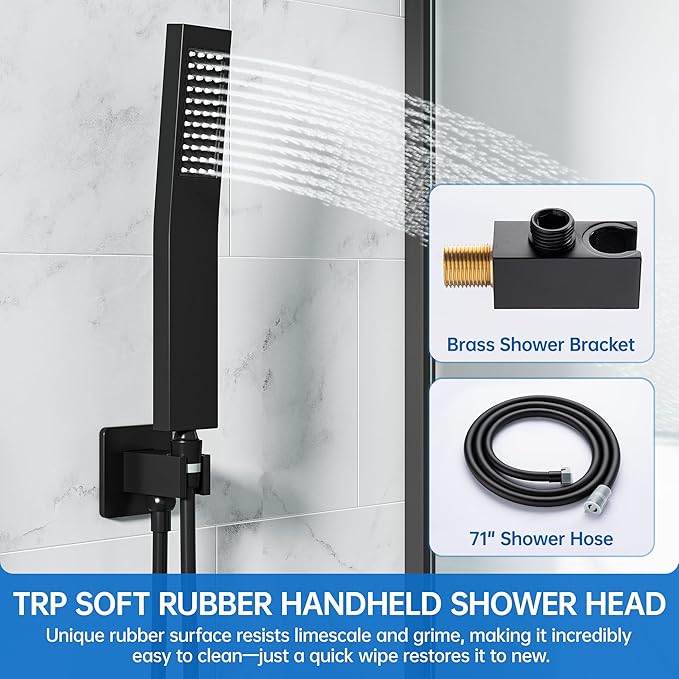 8 Inch Luxury Rain Shower Faucet Set, Matte Black Shower System with Rainfall Shower Head and Handheld Spray, SUS304 Stainless Steel and Solid Brass Wall Mounted Shower Valve Trim Kit