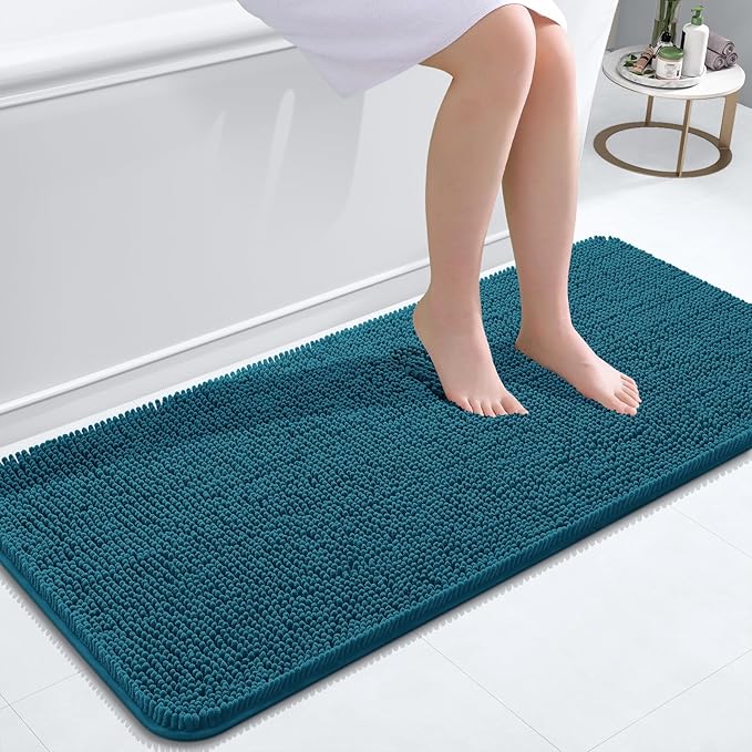 OLANLY Bathroom Rugs 47x20, Extra Soft Absorbent Chenille Bath Rugs, Rubber Backing Quick Dry, Machine Washable Bath Mats for Bathroom Floor, Tub and Shower, Home Decor Accessories, Peacock Blue