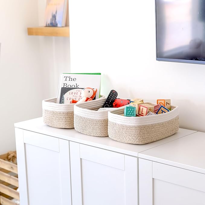 NaturalCozy 11.8"x8"x4.5” Storage Baskets for Shelves 3 Pack | Cotton Rope Woven Small Baskets for Organizing | Small Storage Bins for Nursery, Bathroom, Closet, Cube Shelf, Decorative, Gift Basket