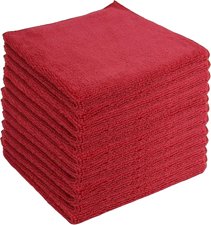 Microfiber Cleaning Cloths,12 Pack, 16"x16", All-Purpose, Softer, Highly Absorbent, Lint-Free, Reusable, Washable Pro Towels, Red, for House, Kitchen, Bathroom, Car, Office