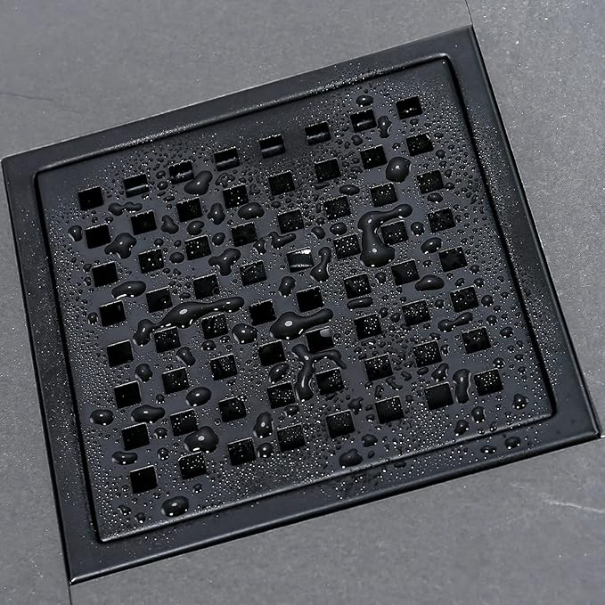 RANDOM Square Shower Drain 6 Inch Matte Black Stainless Steel Shower Floor Drain Kit with Adjustable PVC Base Flange, Removable Grid Grate, Hair Strainer