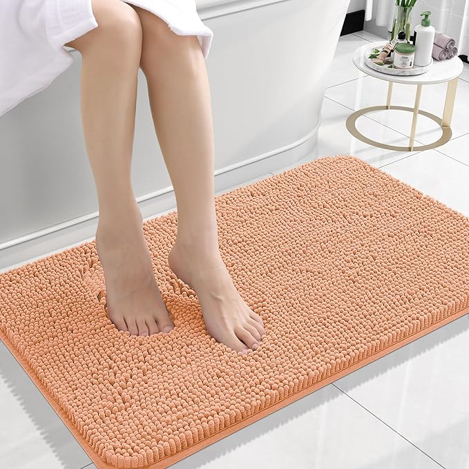 OLANLY Bathroom Rugs 24x16, Extra Soft Absorbent Chenille Bath Rugs, Rubber Backing Quick Dry, Machine Washable Bath Mats for Bathroom Floor, Tub and Shower, Home Decor Accessories, Peach