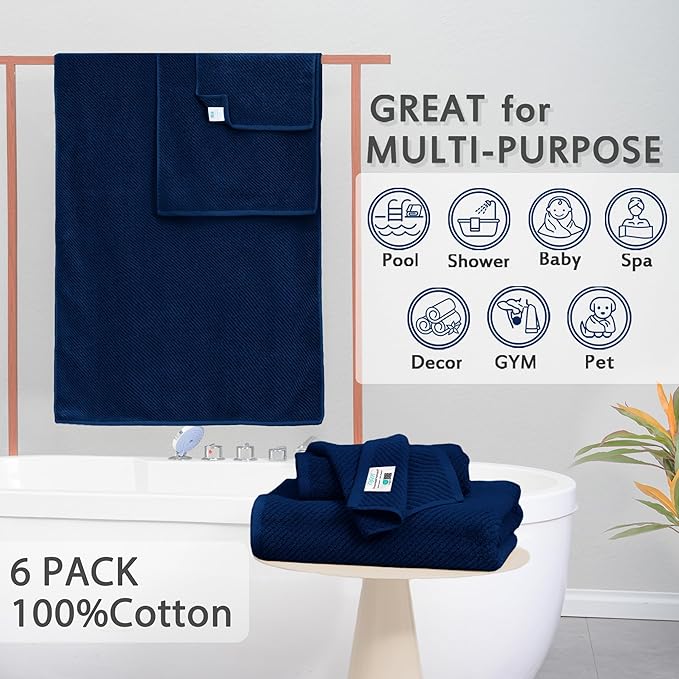 VOOVA & MOVAS Bath Towels - 100% Cotton | Quick Dry | Light Weight | Thick | Soft, Towel Set of 6, 2 Large Bath 30"x56", 2 Hand 18"x28", 2 Washcloths 13"x13", Quick Dry Towel for Shower, Navy Blue