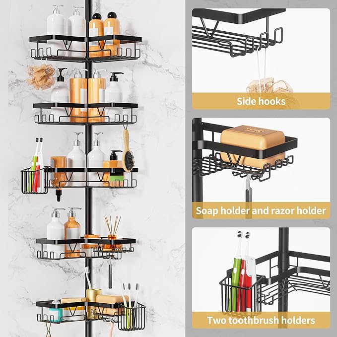 Adjustable Tension Pole Shower Caddy, 5-Tier Stainless Steel Shower Shelf Organizer with 2 Movable Toothbrush Holders, 25-115 Inches Extendable Bath Tub Conner Storage Shelf for Family, Black