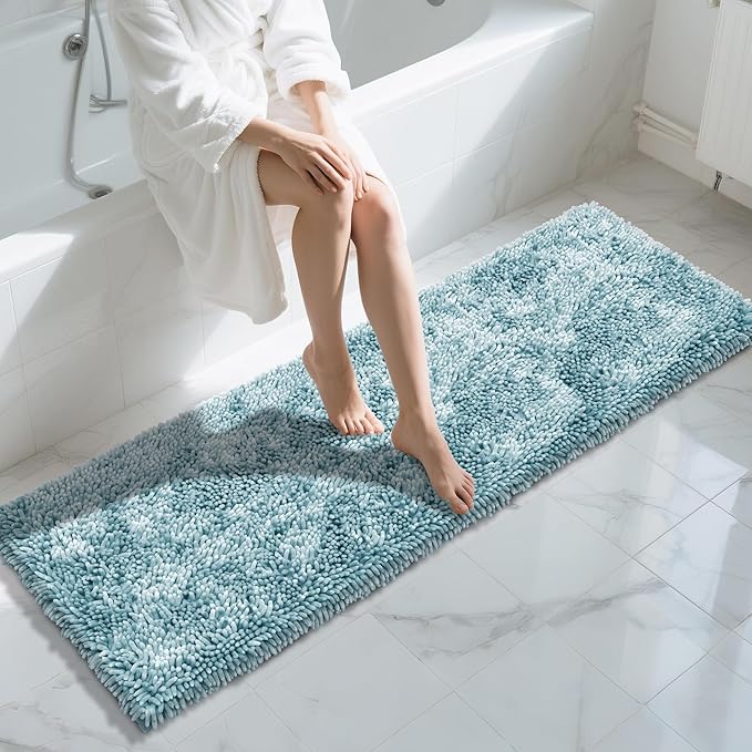 Yimobra Long Bathroom Rugs Runner 70x24 Inch, Extra Thick Soft Absorbent Chenille Bath Mat, Non Slip Machine Washable, Quick Dry Bath Rugs for Bathroom Floor, Tub and Shower, Greyish Blue