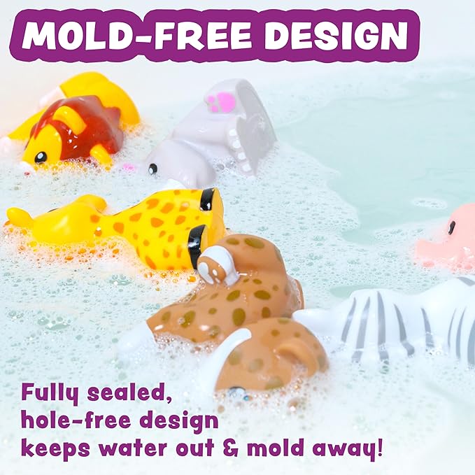 Tub Works® Savanna™ Mold Free Bath Toys, 6 Pack | Sealed, No Hole Bath Toys Design Keeps Moisture Out | Soft, Squeezable & Float on Water | Easy-Grip Baby & Toddler Bathtub Toys | Great Baby Pool Toys
