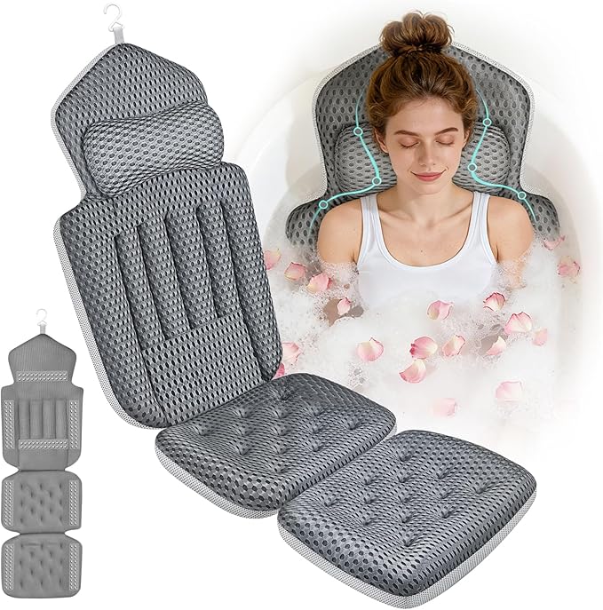 Upgraded Full Body Bath Pillow for Bathtub,Luxury Thick Bath Cushion for Soaking Tub with 192 Suction Cups,Full Body Bathtub Pillows for Head and Neck Shoulder Support,4D Air Mesh, 53" x 16" Dark Gray