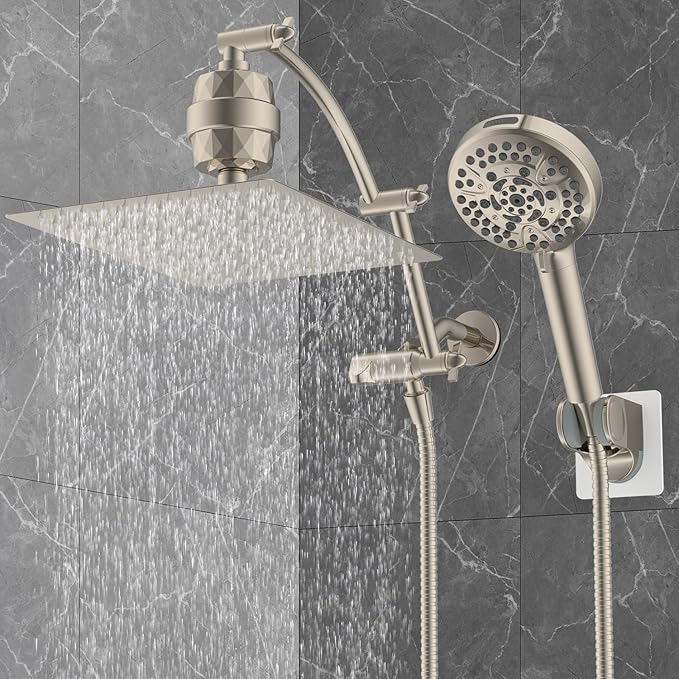 Hibbent All Metal 12'' Filtered Rainfall Shower Head Combo, High Pressure Handheld Shower Head with 16'' Adjustable Extension Arm, 20 Stage Shower Filter, 10-spray, 71'' Shower Hose, Brushed Nickel