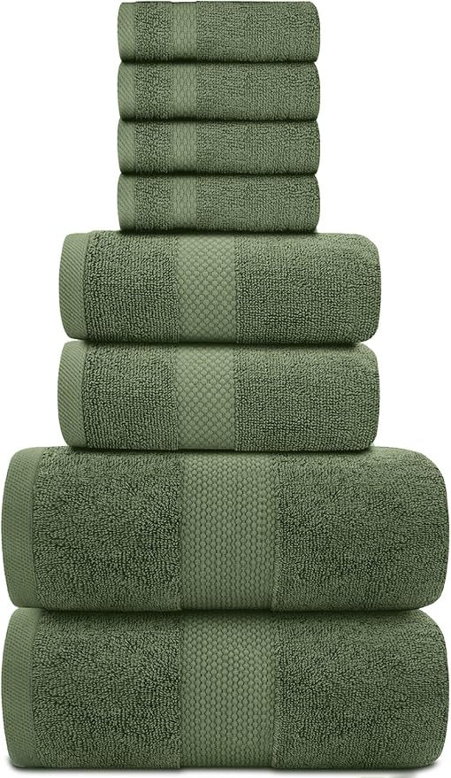 White Classic Luxury Bath Towel Set of 8 Pieces - 100% Turkish Cotton Highly Absorbent Towels for Bathroom, 2 Luxury Bath Towels 700GSM, 2 Hand Towels, 4 Washcloths, Sage Green