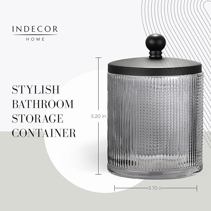 Gray Colored Tranlucent Apothecary Ribbed Geo Etched Glass Jar W/Matte Black Metal Lid Cover for Bathroom Organization, Cotton Balls, Q Tips, and Small Accessories, Bathroom Storage