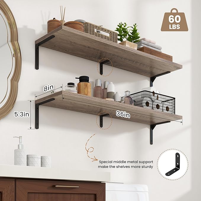 Fun Memories Deep Floating Shelves, 36W x 8D Floating Shelves Set of 2, Wall Mounted Shelf with Metal Brackets, Rustic Wood Wall Shelf for Bathroom, Kitchen and Living Room, Grey