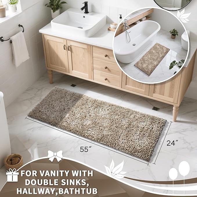 Yimobra Long Bathroom Rugs Runner 55x24 Inch, Extra Thick Soft Absorbent Chenille Bath Mat, Non Slip Machine Washable, Quick Dry Bath Rugs for Bathroom Floor, Tub and Shower, Camel