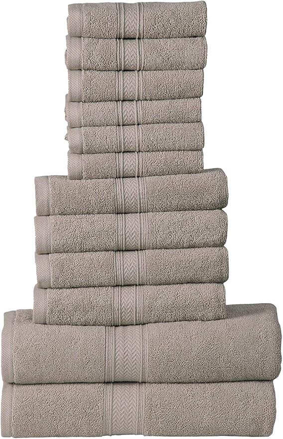 Hillfair 12-Piece Cotton Bath Towel Set - 600 GSM - Hotel Spa Towels - 2 Bath, 4 Hand, 6 Washcloths - Absorbent Soft Cotton - Khaki Stone