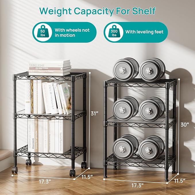 SINGAYE 3 Small Shelves Storage Shelf Wire Shelving Unit Metal Shelf Adjustable Organizers Storage Shelving with Wheels for Bathroom Laundry Room Kitchen Pantry11.5”D x 17.3”W x 30”H Black